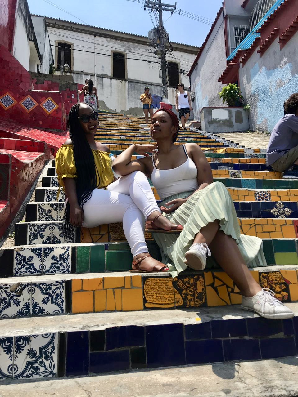 The sisters on the colourful Selarón Steps in Rio de Janeiro, Brazil